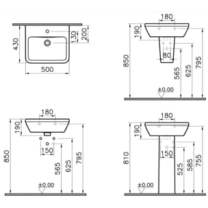 VitrA Integra lavabo suspendu 50 × 43 cm avec trou pour robinetterie au milieu, blanc003-0001)