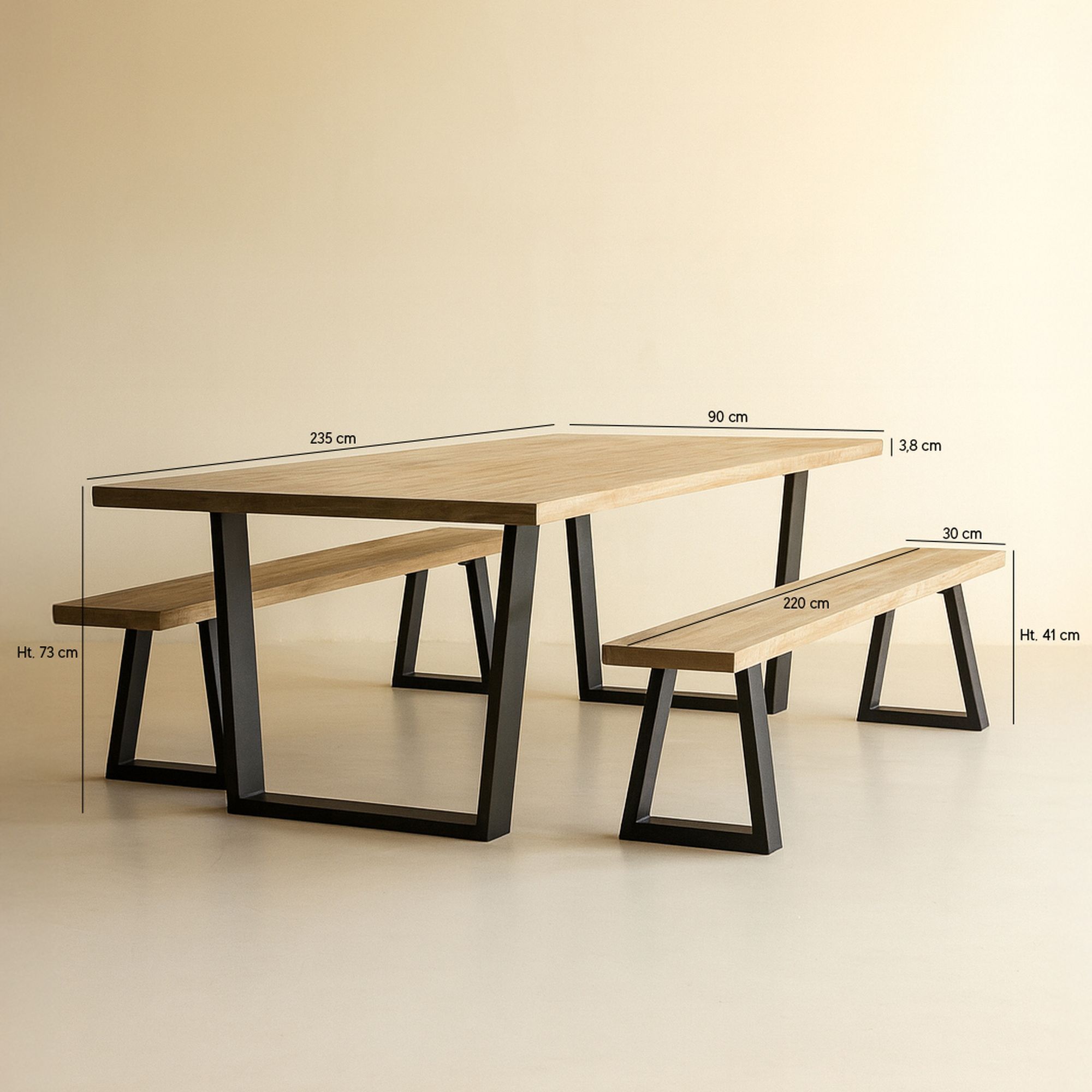 Ensemble table et banc en bois d'acacia et pieds métal noir HERA
