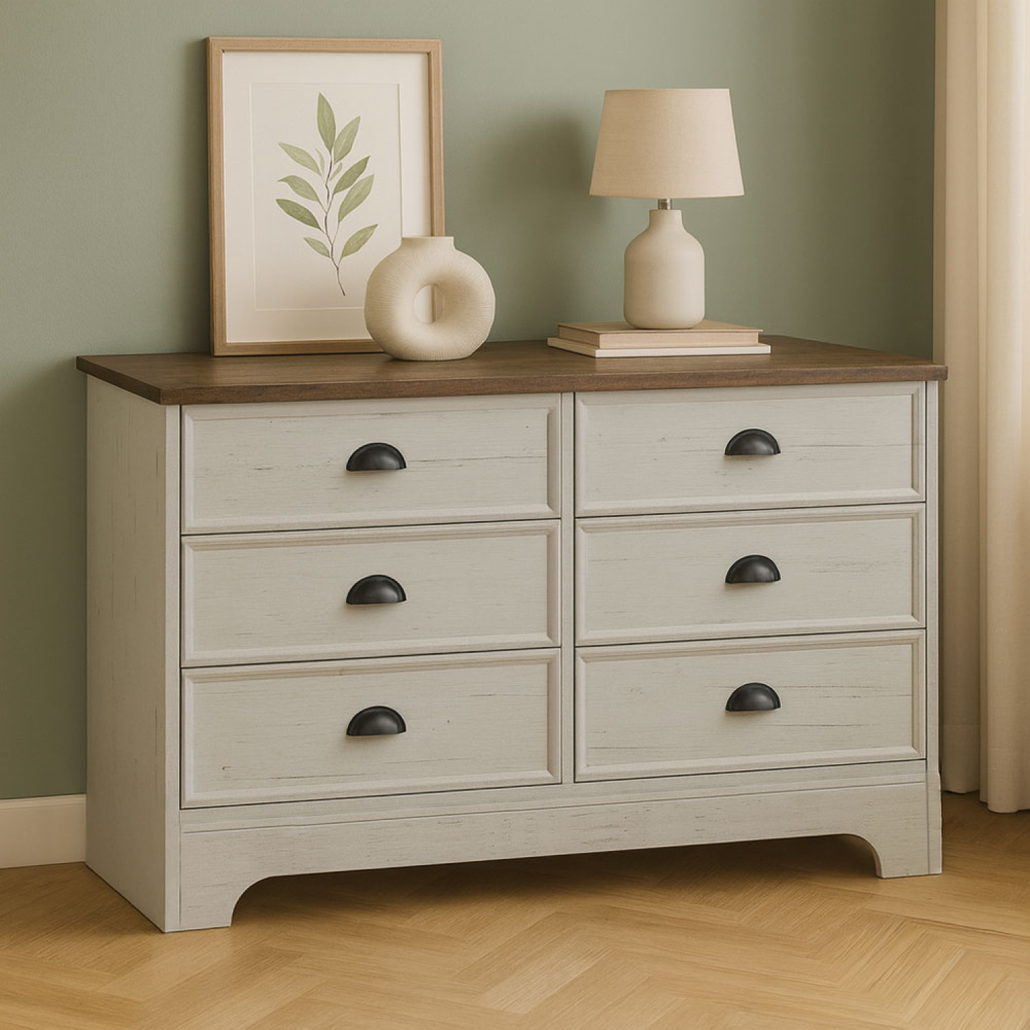 YORK Commode 6 tiroirs blanc et bois 120cm