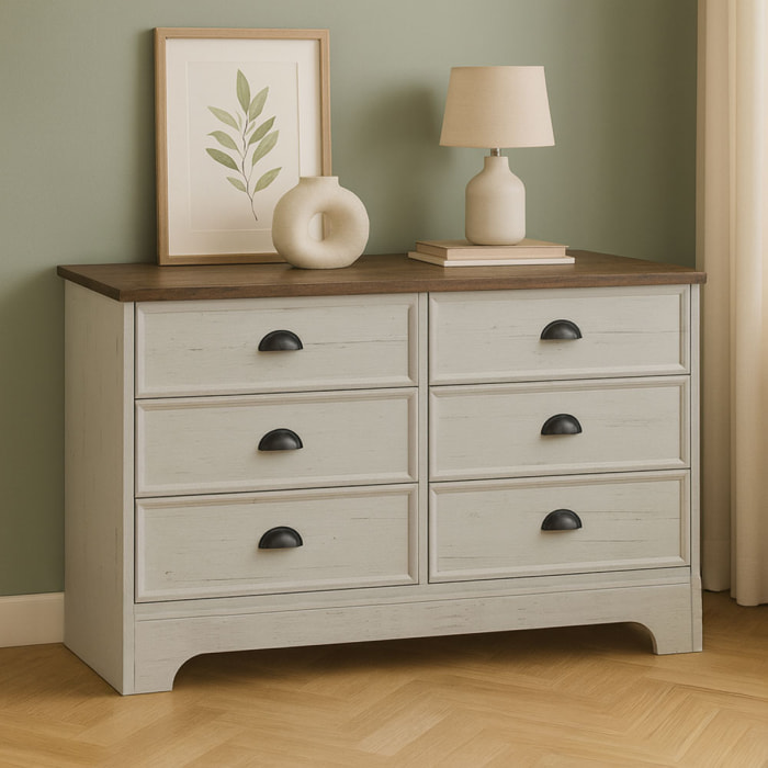 YORK Commode 6 tiroirs blanc et bois 120cm