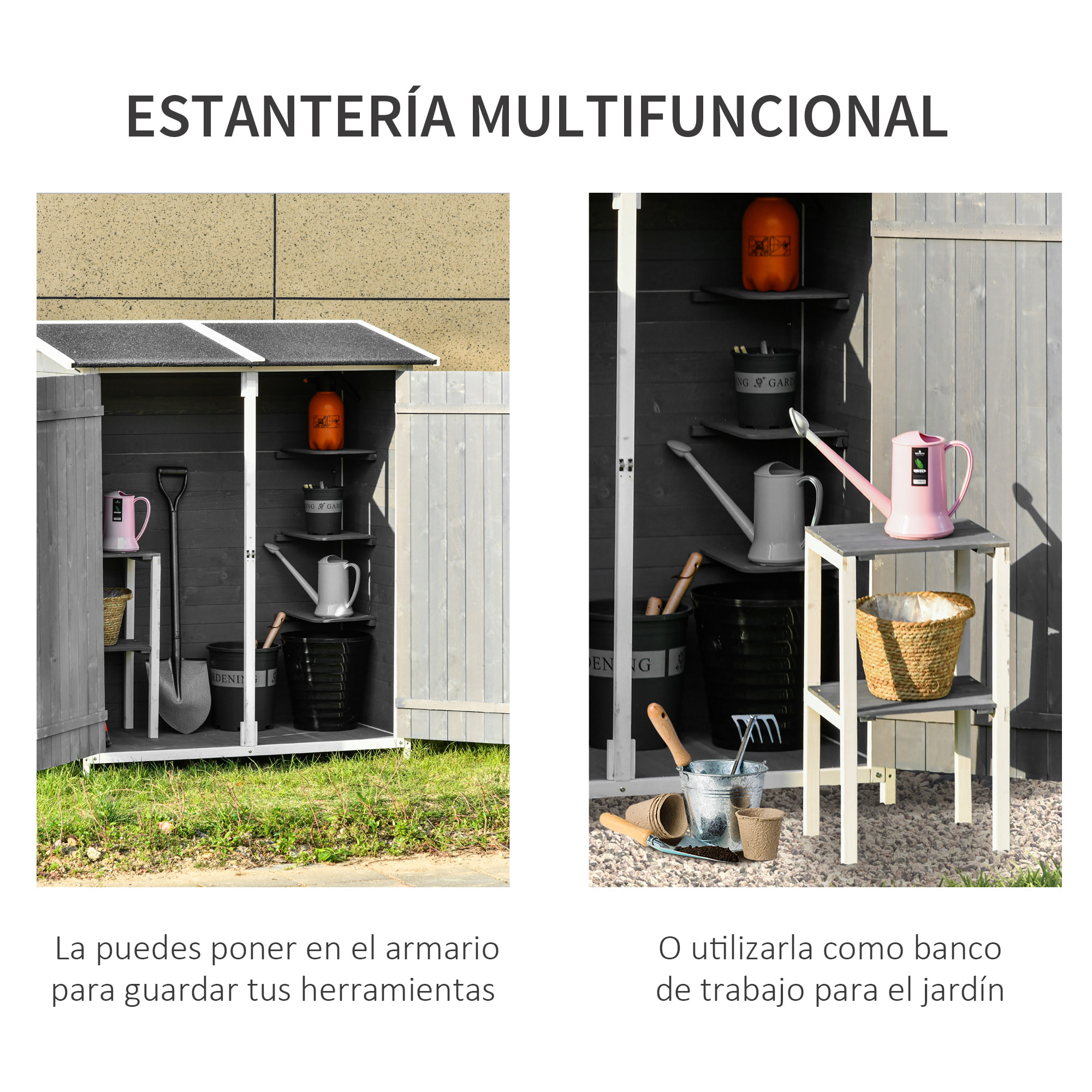 Caseta de Jardín de Madera 139x75x160cm con Estantería Techo Asfáltico Gris