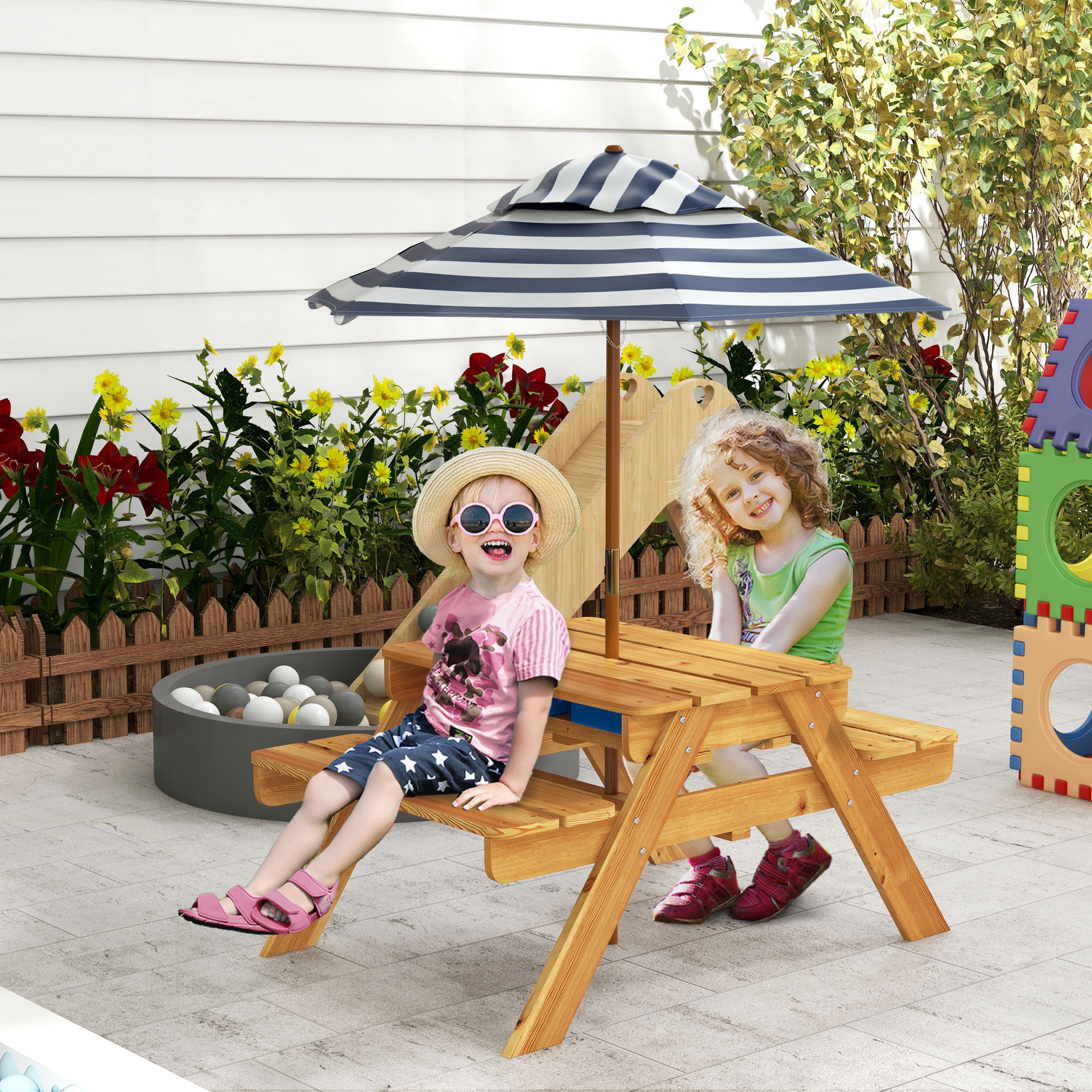Mesa de Picnic para Niños de Madera Mesa y 2 Bancos Infantiles con Sombrilla y Arenero para Jardín Patio 89x80,5x142,5 cm Teca