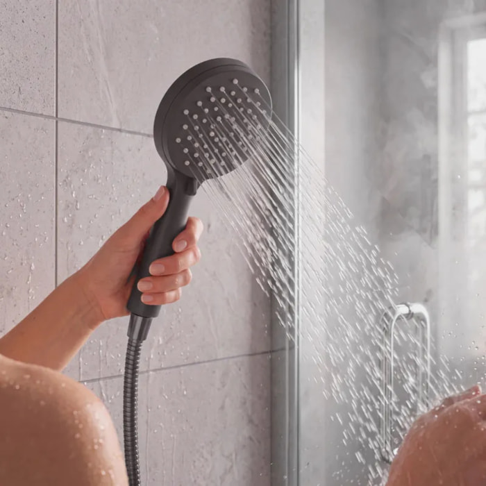 Pommeau de douche MSV Isao Ø 100 mm avec flexible 150 cm – 3 fonctions – Économie d'eau 69 % – Noir matt