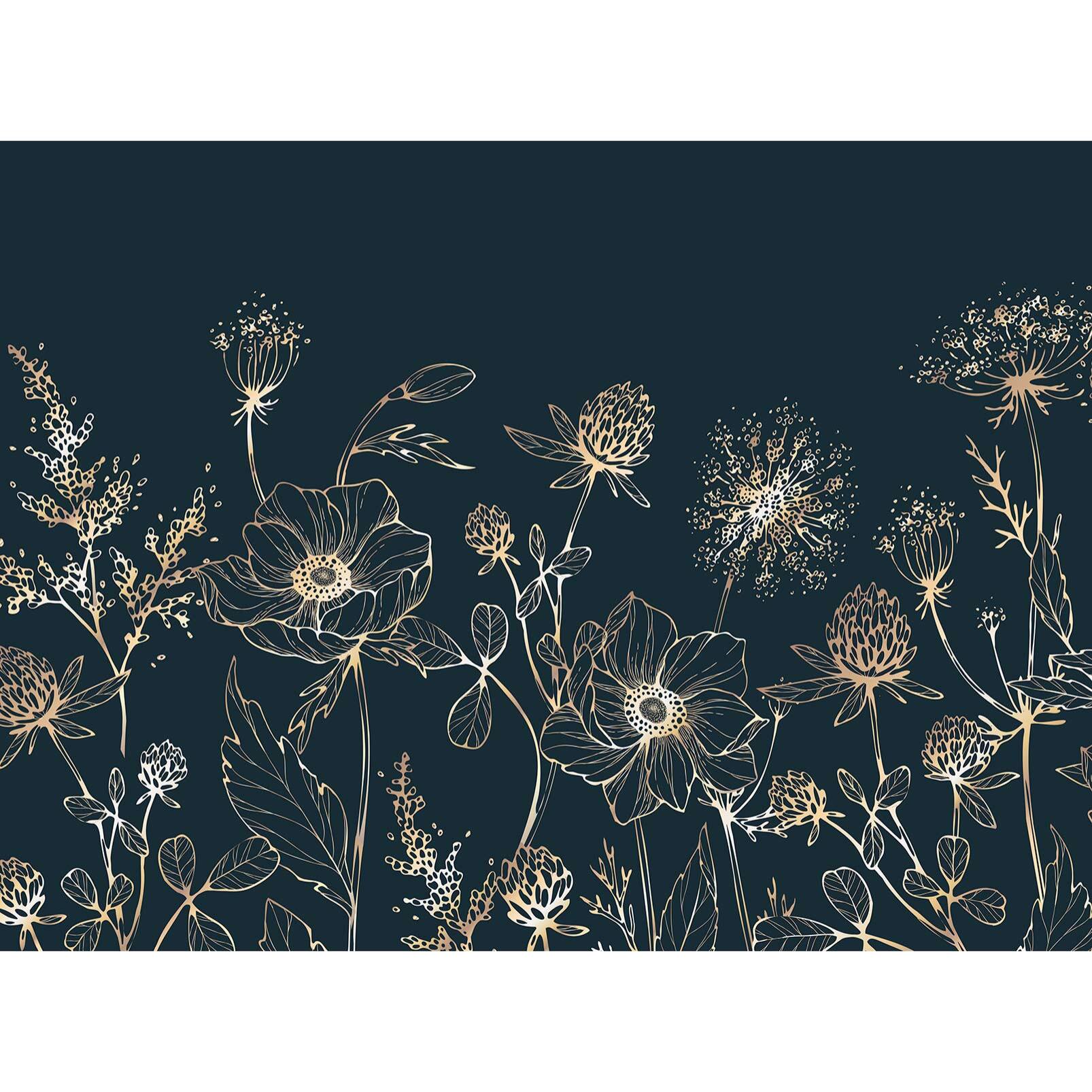 Papier peint fleurs sauvages dorées fond bleu nuit élégant Intissé