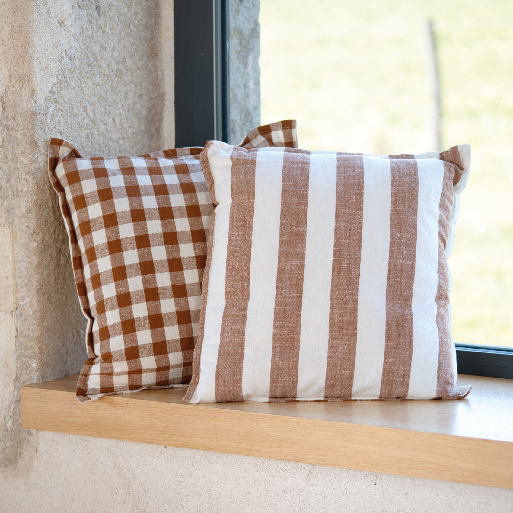 Housse de coussin 100% coton rayures et vichy LOURMARIN - Terracotta