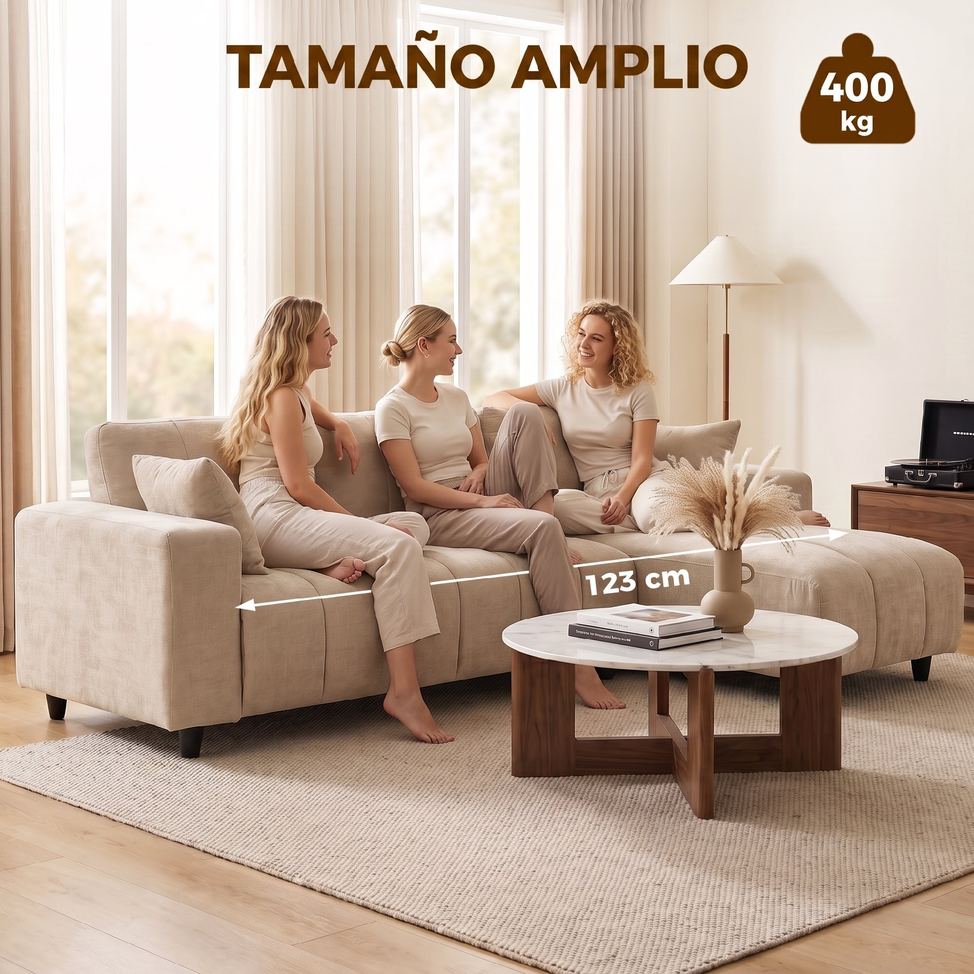 Sofá Chaise Longue Reversible, Sofá Esquinero en Forma de L de 4 Plazas, 2 Almohadas, Tapizado en Lino, Marco de Acero, para Salón, 242x156x87 cm, Beige