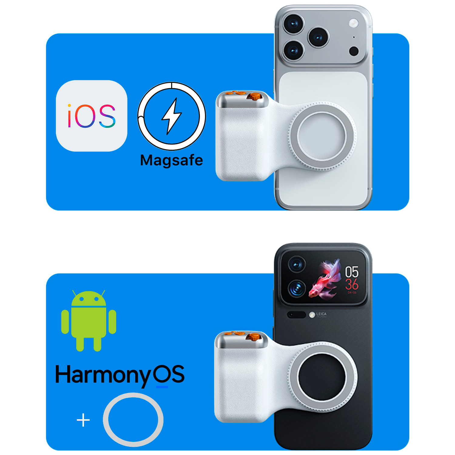 Mango fotográfico magnético para smartphone, control de zoom, botón selfie y disparador. Con conexión Bluetooth y anillo magnético incluido.