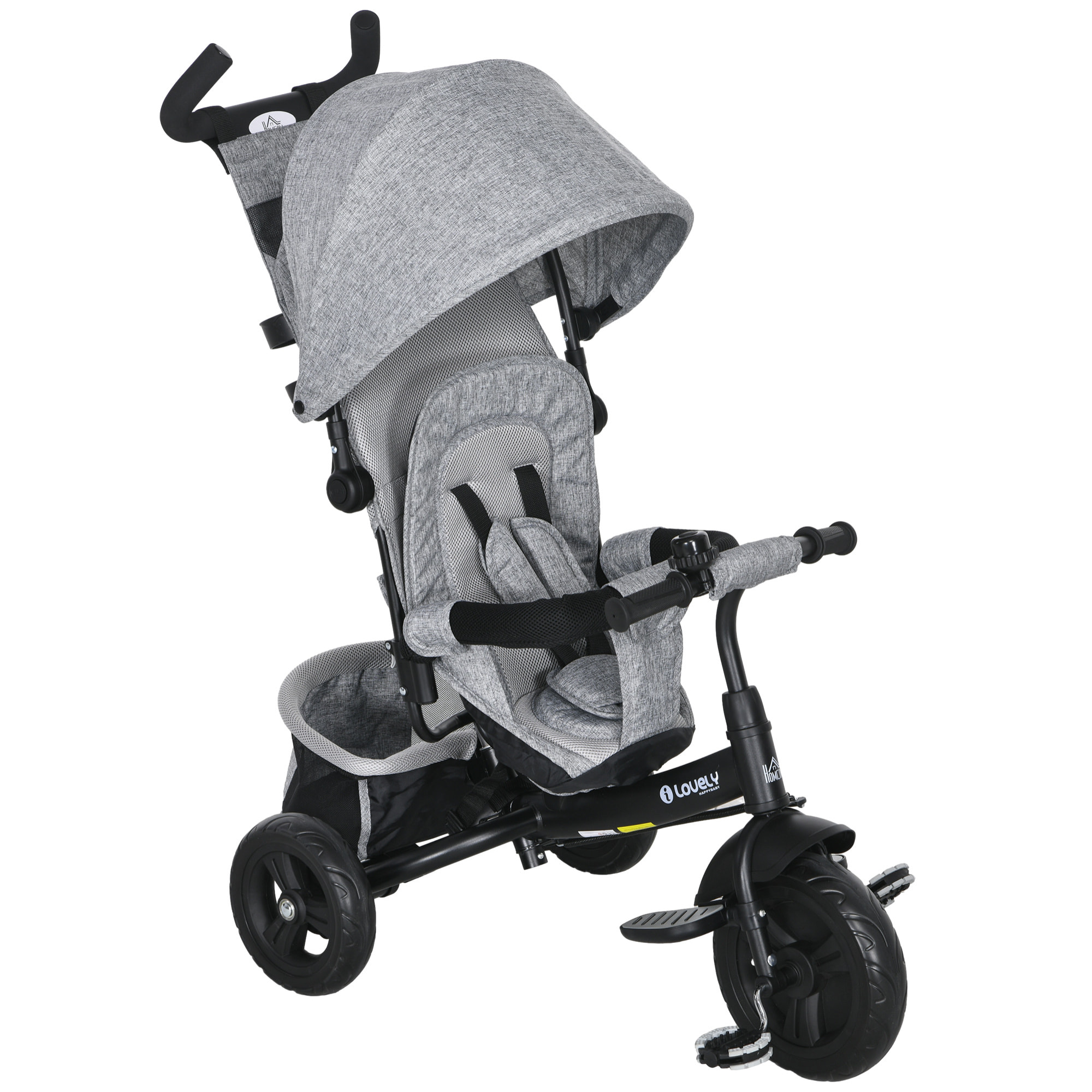 Triciclo para Bebés Triciclo Evolutivo para Niños con Toldo Plegable Mango de Empuje Telescópico y Desmontable Bolso para Mamá y Portabotellas 102x49x102 cm Gris