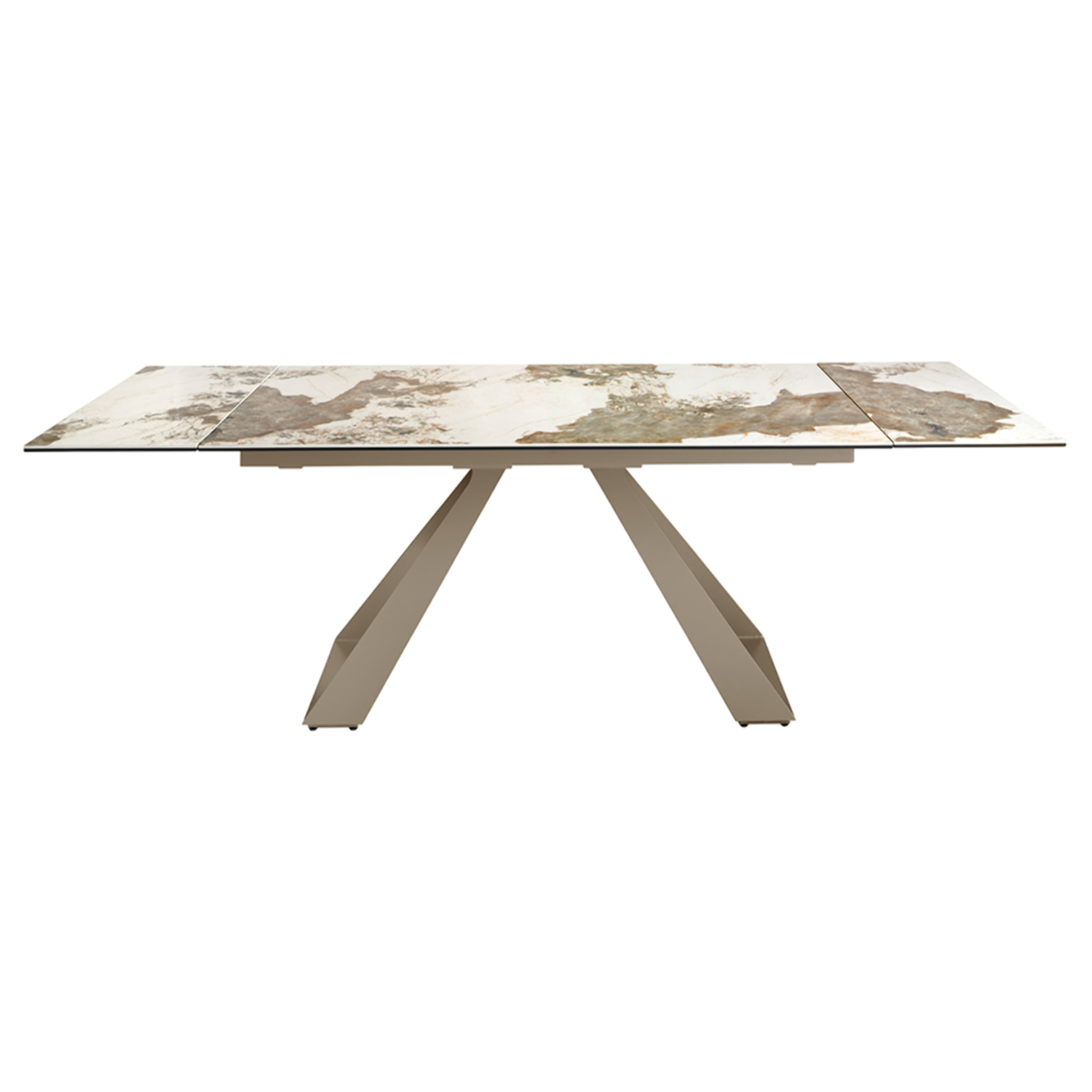 Mesa comedor extensible rectangular con tapa de mármol porcelánico blanco con vetas en tonos tierra en brillo 160x90x76cm