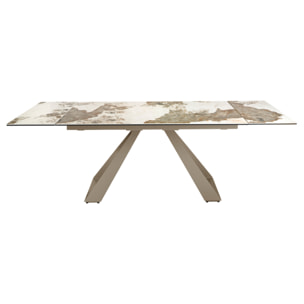 Mesa comedor extensible rectangular con tapa de mármol porcelánico blanco con vetas en tonos tierra en brillo 160x90x76cm