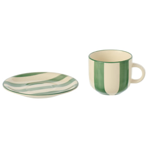 J-Line Tasse + Sous-tasse Ligné - céramique - vert/blanc - 6 pièces