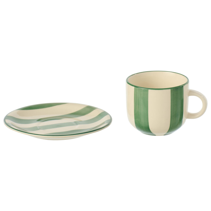 J-Line Tasse + Sous-tasse Ligné - céramique - vert/blanc - 6 pièces