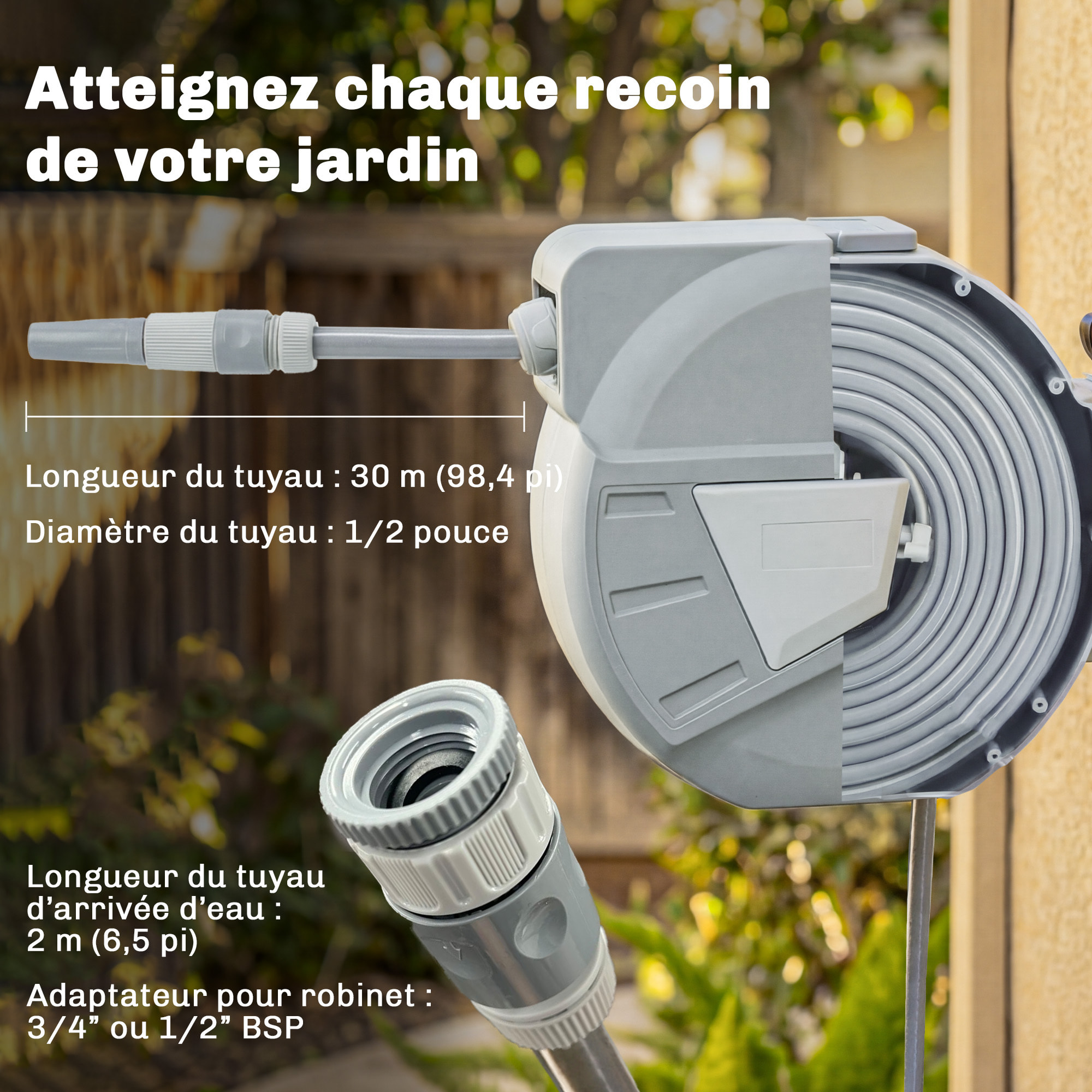 Dévidoir mural enrouleur automatique pivotant 180° tuyau 30 + 2 m avec lance arrosage 2 modes support mural intégré gris clair
