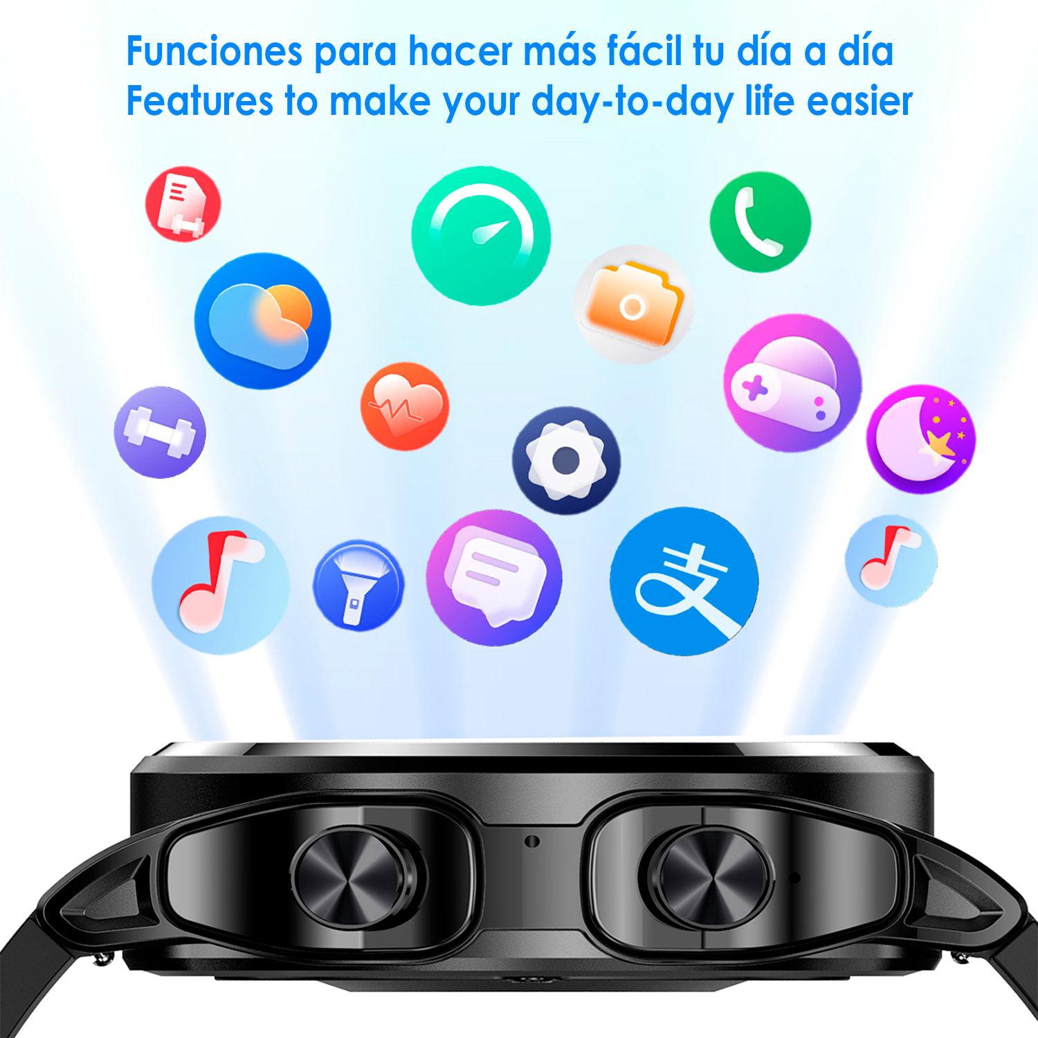 Smartwatch GT66 multideporte, mediciones de tensión y O2 en sangre, con auriculares TWS 5.1 integrados.