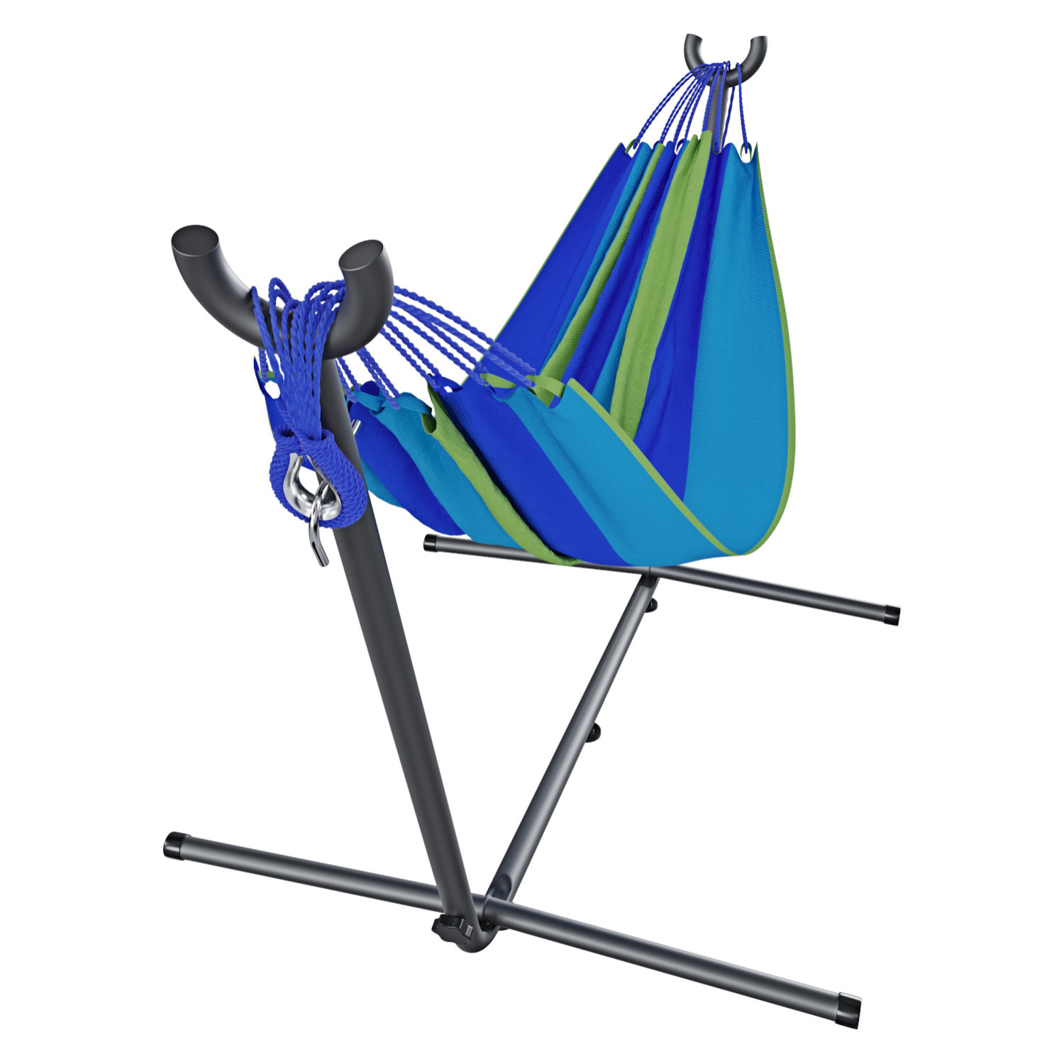 Amaca Da Giardino Con Supporto In Acciaio Portata 200 Kg Regolabile Telo Cotone Resistente Esterno Terrazzo Borsa 265x110x100 Cm Multicolore Blu