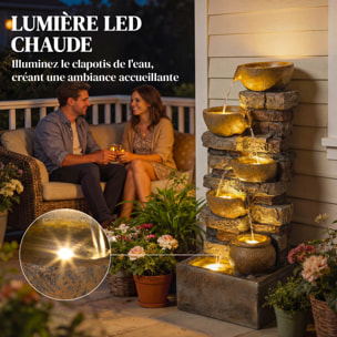 Fontaine extérieure cascade 5 niveaux pichets led résine marron vieilli