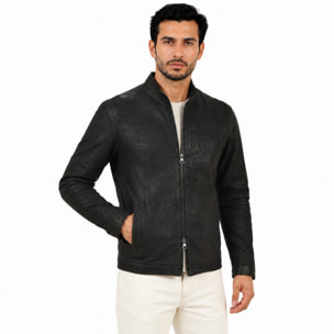 Giubbino in pelle di vitello rifinizione dakota Nero-Slim Fit