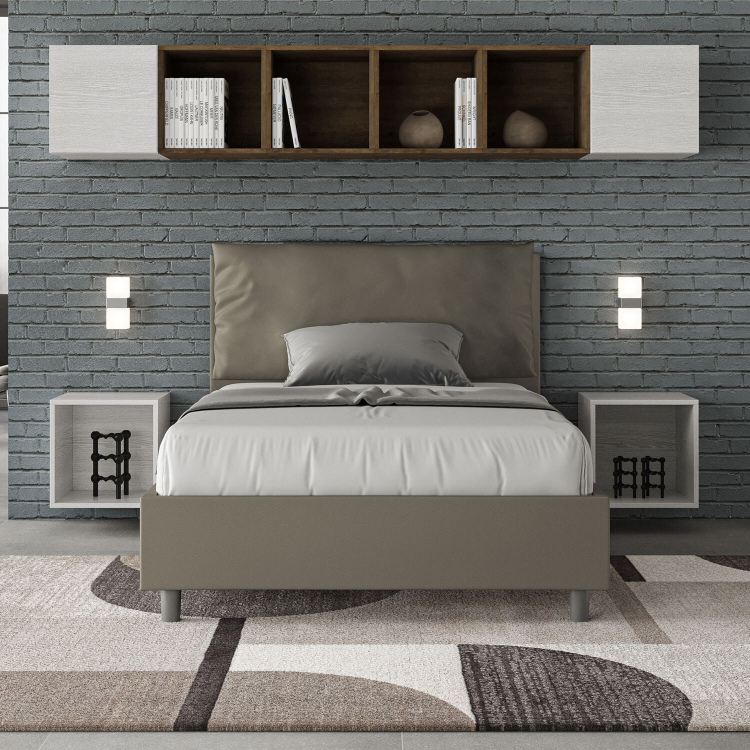 Cama de una plaza y medio con somier acolchada 120x190 cuero sintético capuchino Antea Large