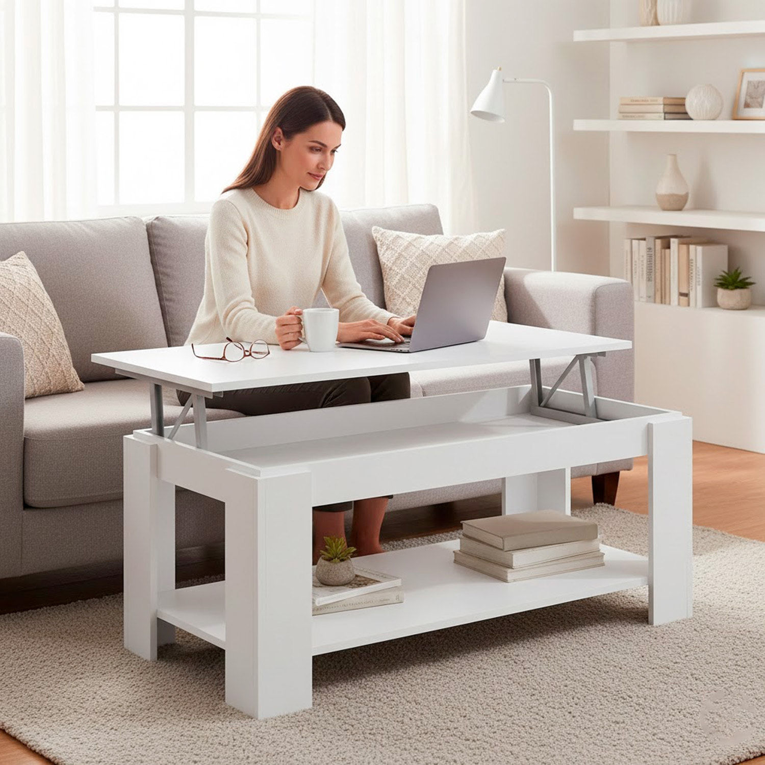 Tavolino Da Caffè Sollevabile Tavolo Da Salotto Rialzabile Salvaspazio Per Mangiare O Lavorare Dal Divano Con Piano Rialzabile 102 x 50 x 43 Cm Bianco