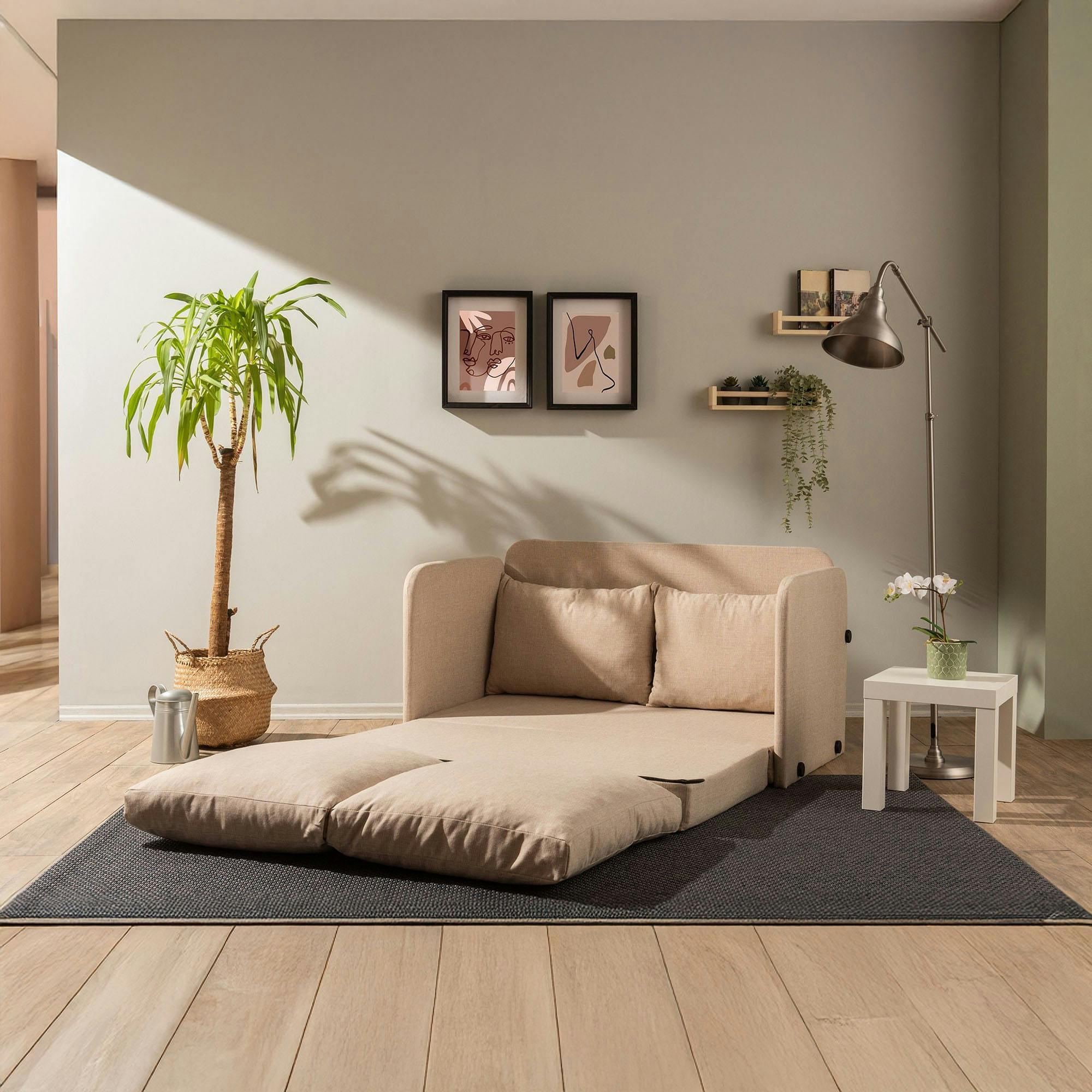 Canapé-lit d'appoint beige 2 personnes, tissu lin ORURO