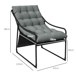 Fauteuil lounge de jardin avec coussin acier époxy polyester gris noir