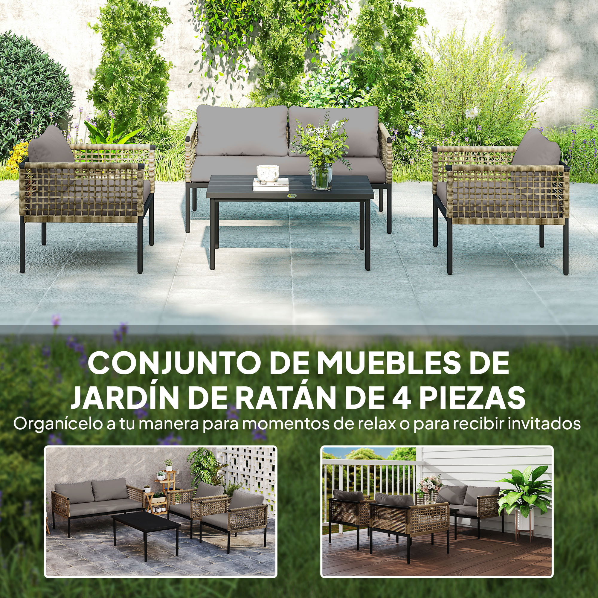 Conjunto de Jardín Exterior de Ratán Sintético de 4 Piezas Muebles de Jardín Exterior Incluye 1 Sofá Doble 2 Sillones y Mesa de Centro con Cojines Natural y Gris
