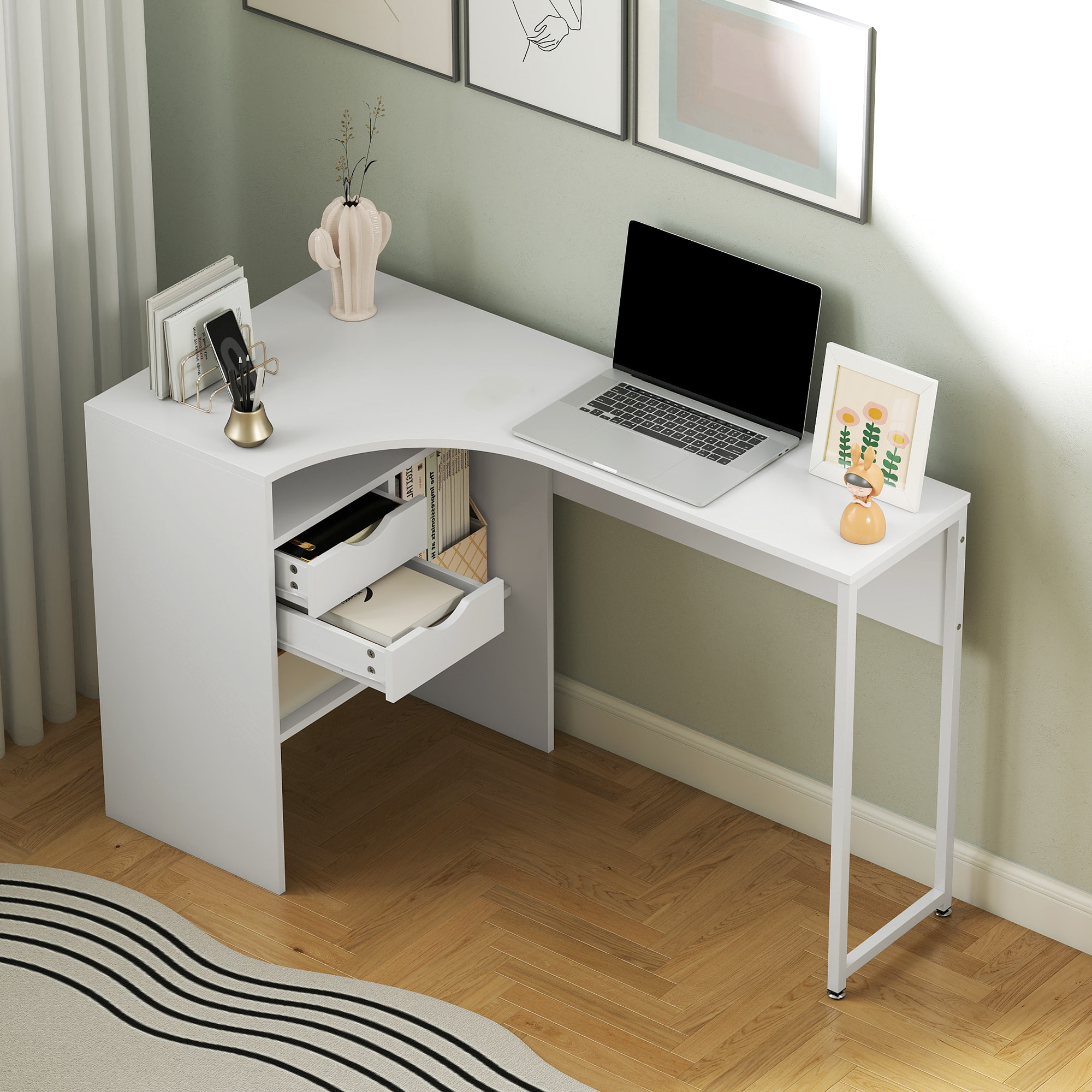 Bureau d'angle bureau informatique multimédia multi-rangement métal panneaux particules blanc