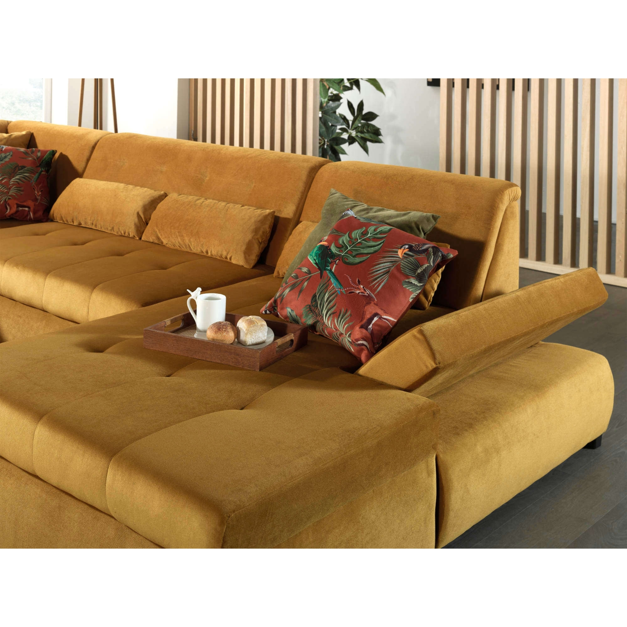 Vermont - canapé panoramique d'angle gauche - 7 places - XXL - en velours - Jaune