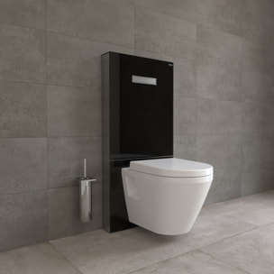 Pack WC Bâti support en verre trempé/aluminium brossé avec plaque intégrée, Noir + WC suspendu avec Abattant en Duroplast