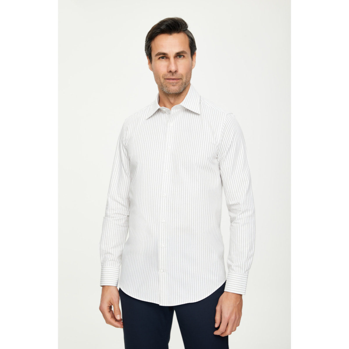 Camicia Uomo 1 Bottone Italiano Slim Cotone Riga Media Verde Medio/Bianco