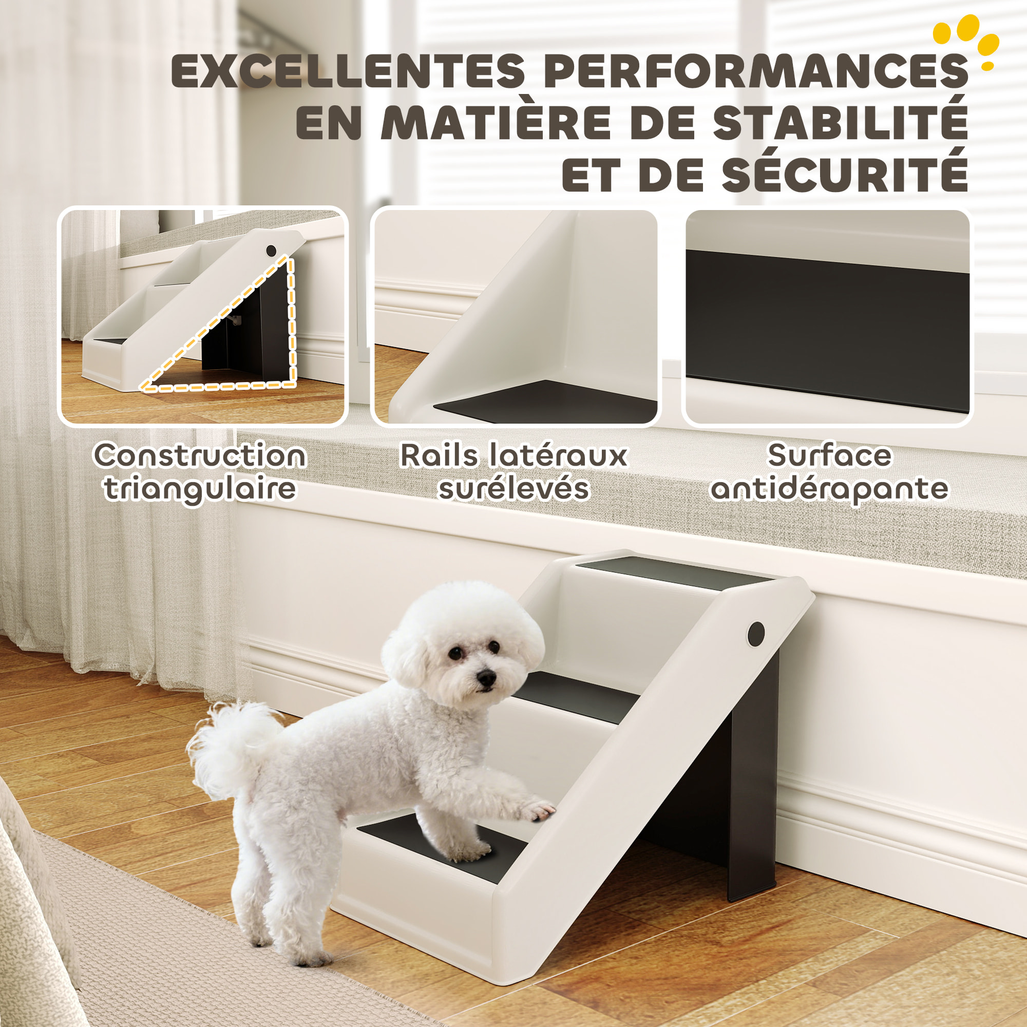 Escalier pour chien pliable - 3 marches antidérapantes - max. 10Kg - PP noir blanc cassé