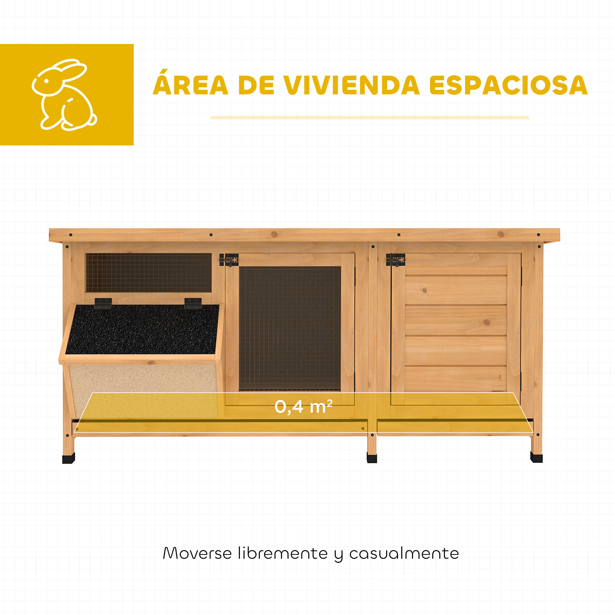 Conejera de Madera, Jaula para Conejos con Techo Asfáltico Abatible, Puertas con Pestillo, Bandejas Extraíbles y Comedero, Conejera para Exterior, 112x50x54 cm, Amarillo