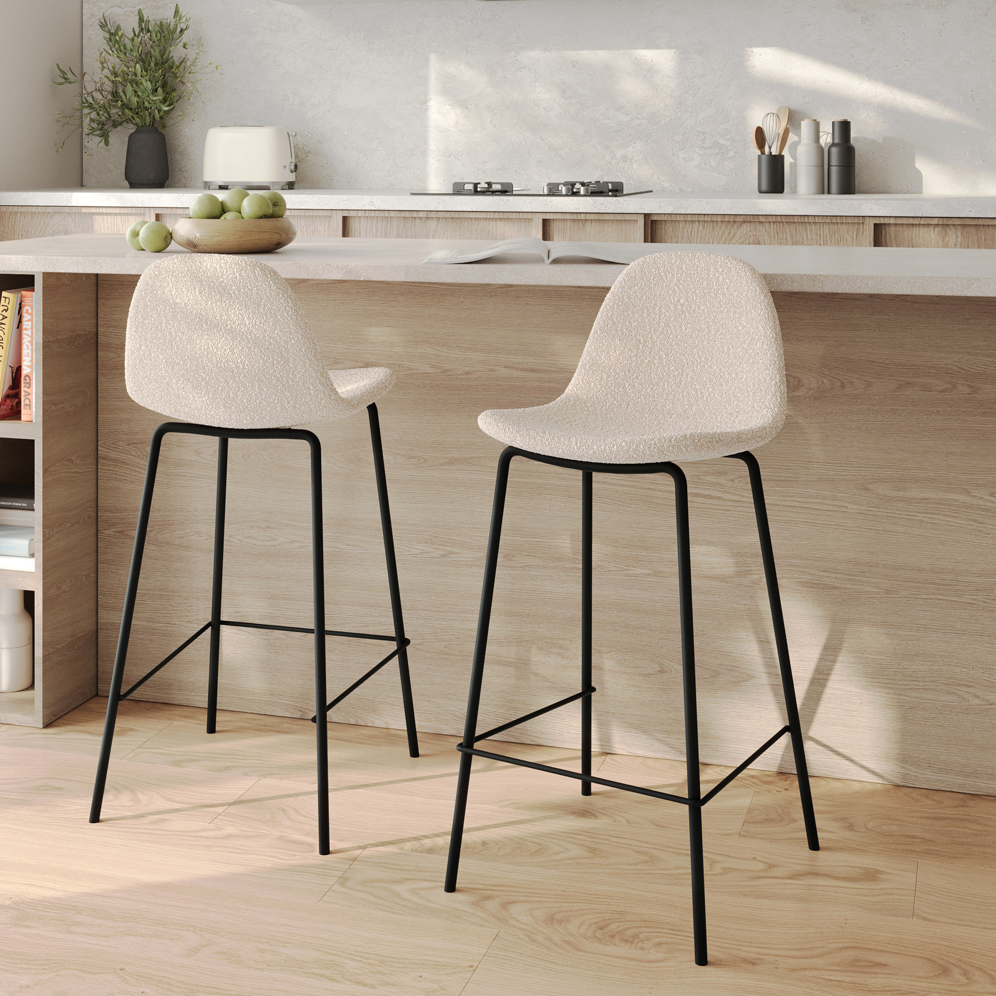 Lot de 2 chaises pour îlot central 65.5 cm en tissu bouclette beige - Henrik