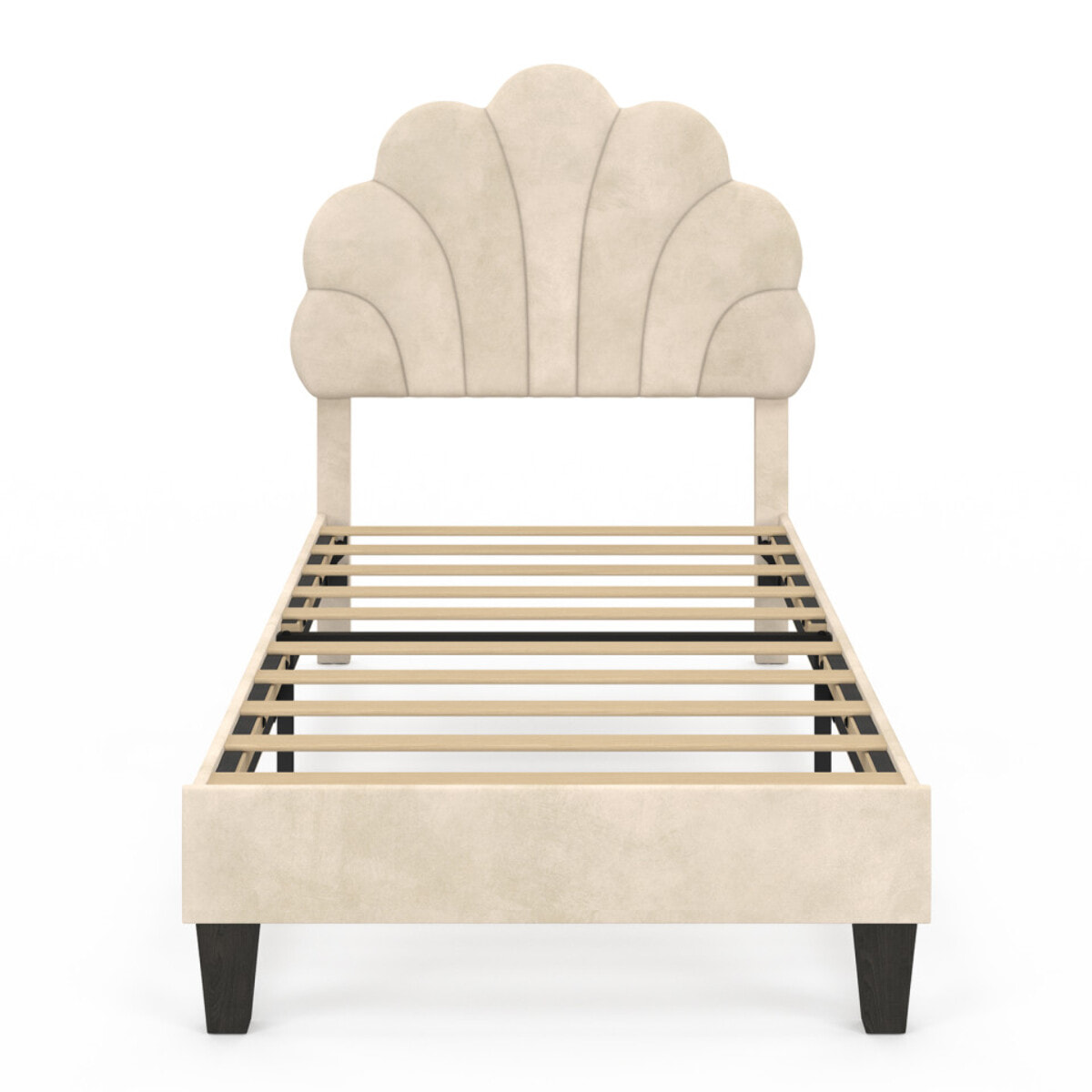 Lit simple Amalia tête de lit coquillage 90x190cm velours beige