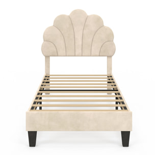 Lit simple Amalia tête de lit coquillage 90x190cm velours beige