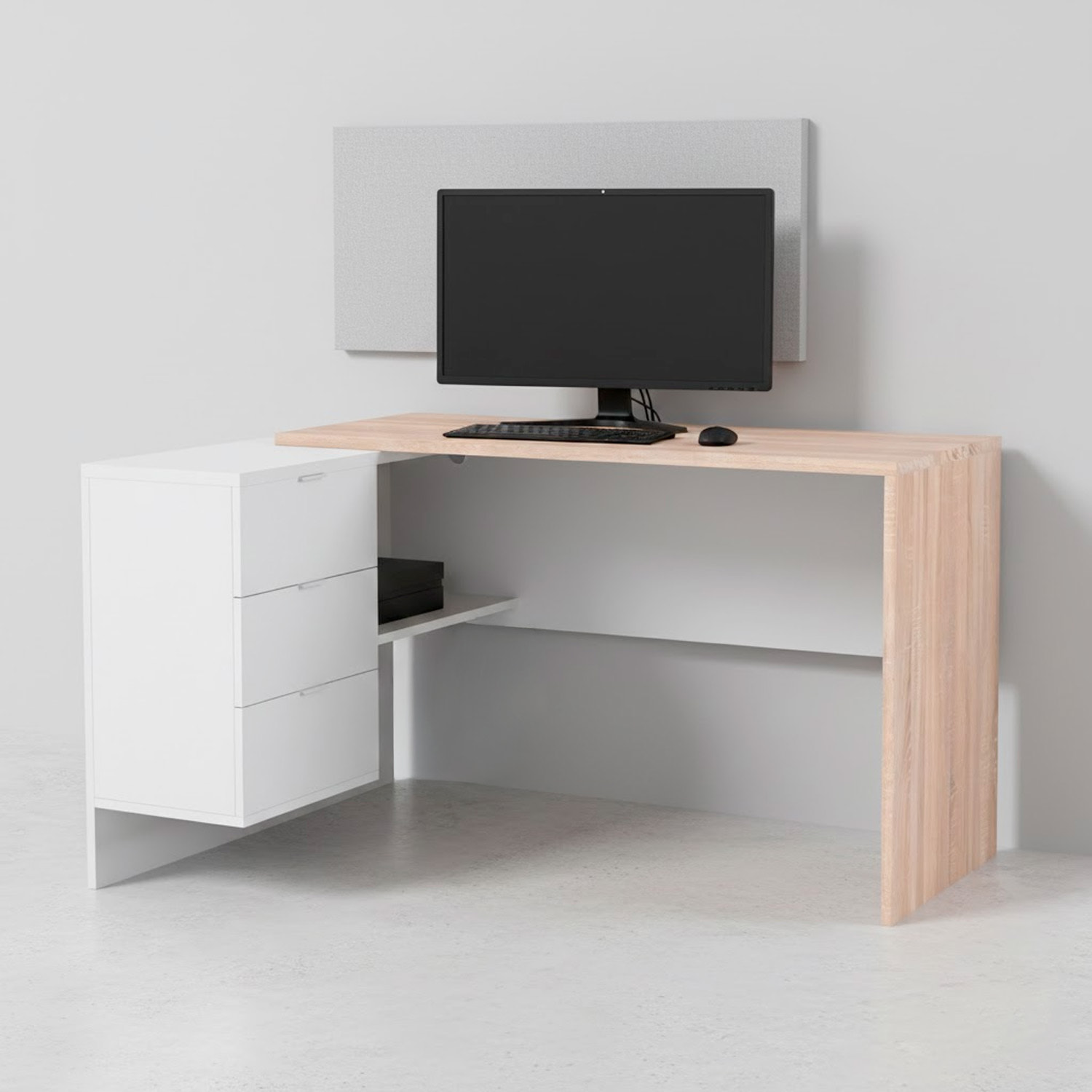 Scrivania Ufficio Studio Reversibile Con Cassettiera A 3 Cassetti Tavolo Da Lavoro Moderno Design Salvaspazio 145 x 108 x 73 Cm Rovere E Bianco Opaco