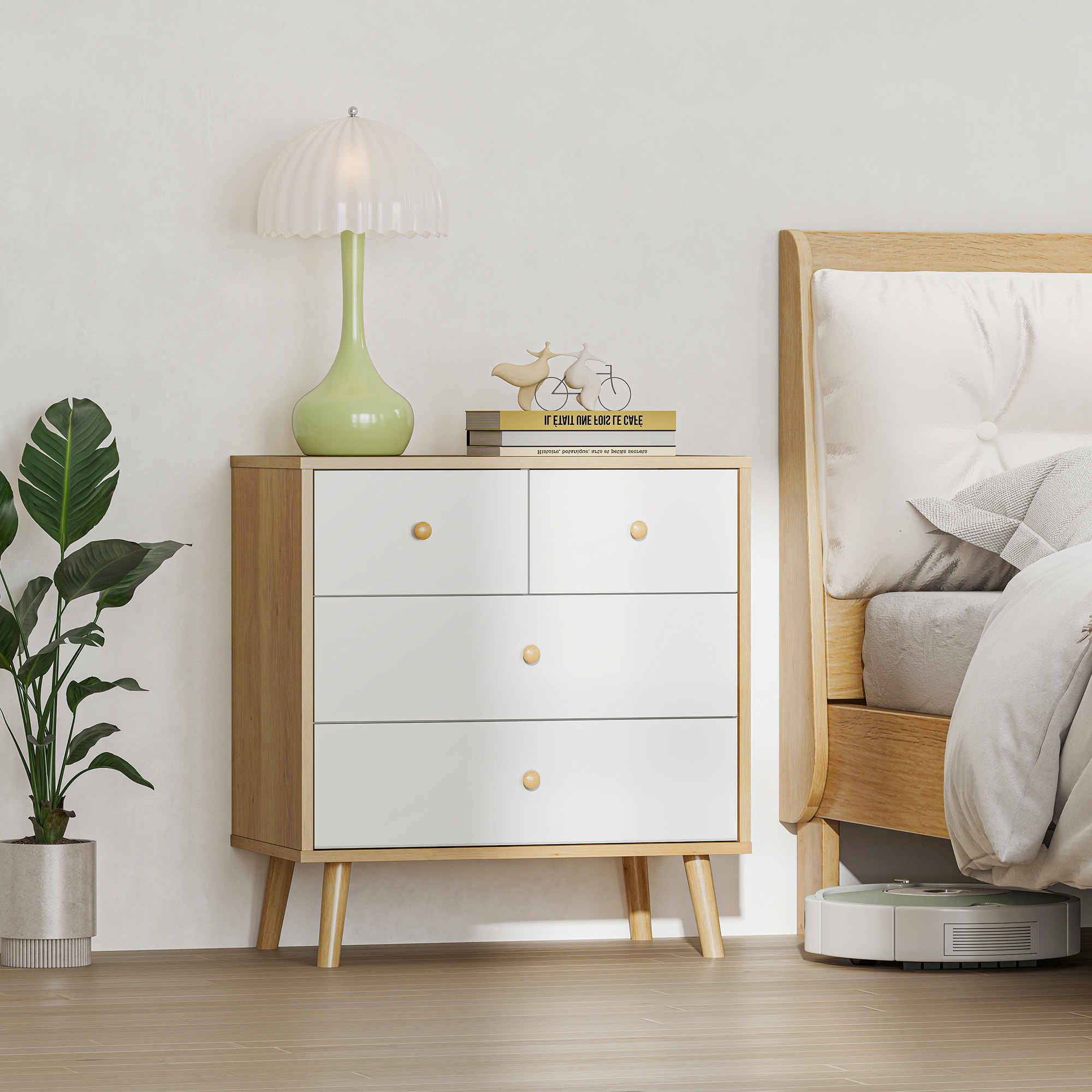 Cómoda de 4 Cajones Cómoda para Dormitorio con Tiradores de Madera Cajonera Estrecha para Salón Pasillo 60x35x65 cm Roble y Blanco