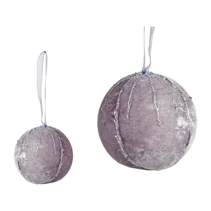 Set di 4 palline decorative in velluto color argento con dettagli in cristallo. Diametro 8cm.