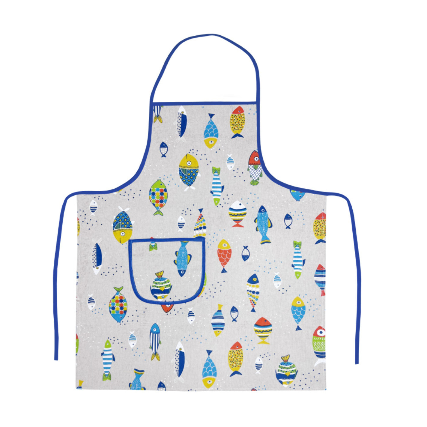 Set 2 Pezzi Grembiule Cucina Con Tasche 100% Cotone Disegno Pesci Colorati