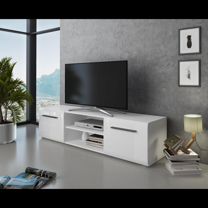 Mobile Porta TV Con Maniglie Nere Con 2 Ante E 2 Ripiani Aperti Design Moderno per Soggiorno Adatto A TV fino a 65 Pollici 160 x 40 x 39,6 Cm Bianco