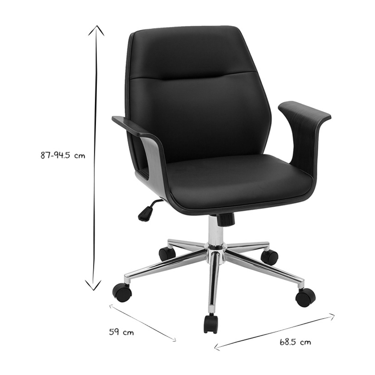 Chaise de bureau à roulettes design noir, bois foncé noyer et acier chromé RUFIN