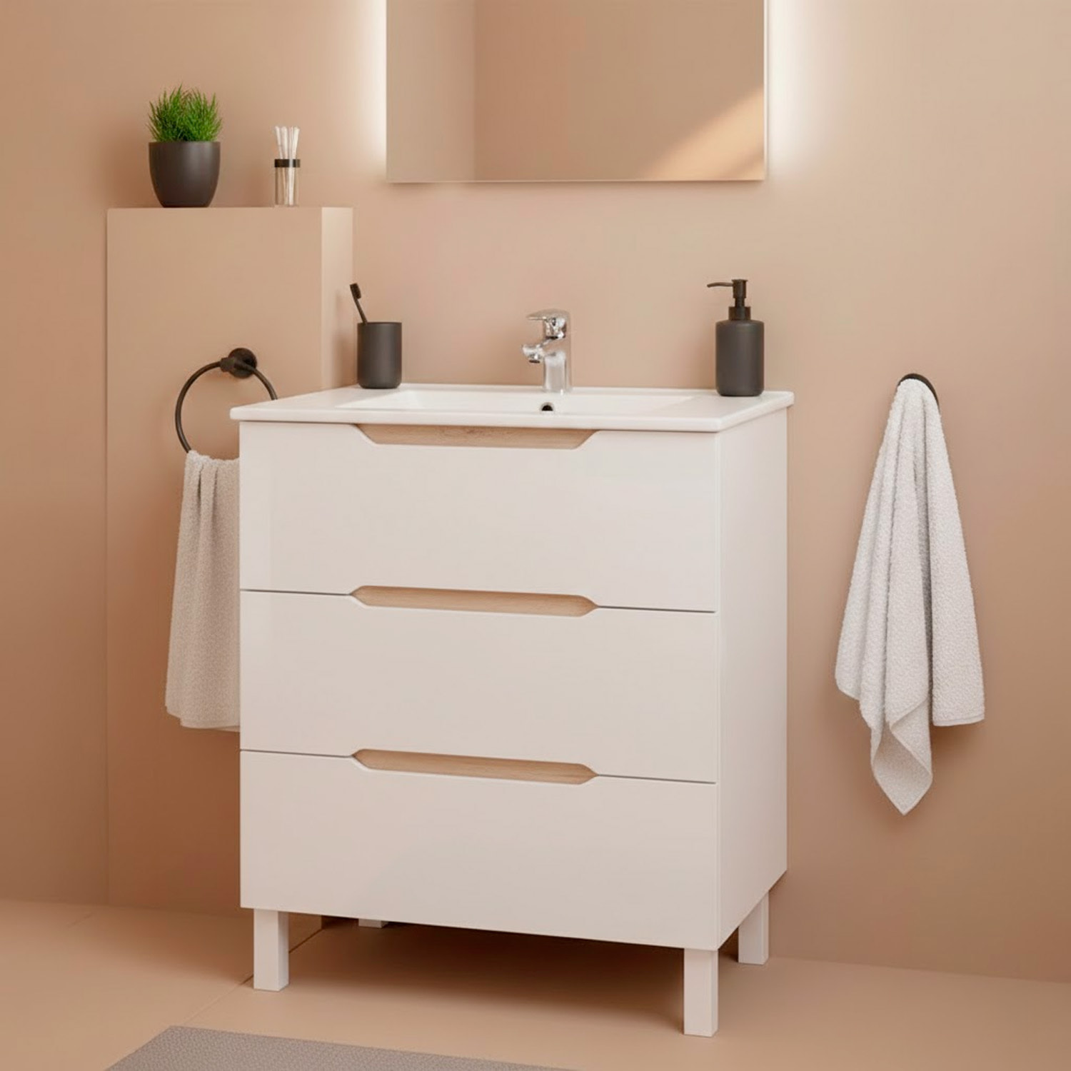 Mobile Bagno A Terra Con 3 Cassettoni Soft Close E Lavabo In Ceramica Incluso Mobiletto Design Moderno Salvaspazio 80 x 45 x 86 Cm Colore Bianco