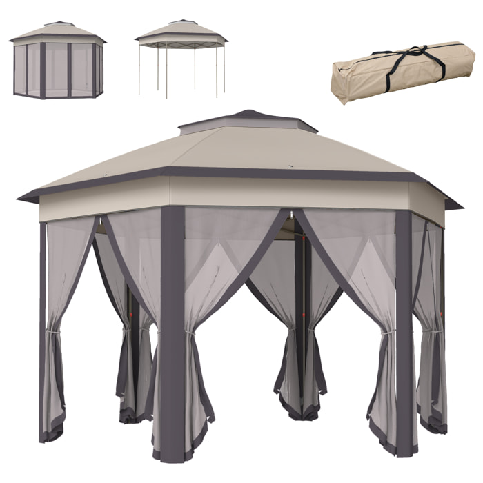 Carpa Plegable 4x3,4 m, Cenador de Jardín Hexagonal con Doble Techo, 6 Mosquiteras Extraíbles y Bolsa de Transporte, Impermeable, Anti-UV para Exterior, Fiestas, Marrón y Beige