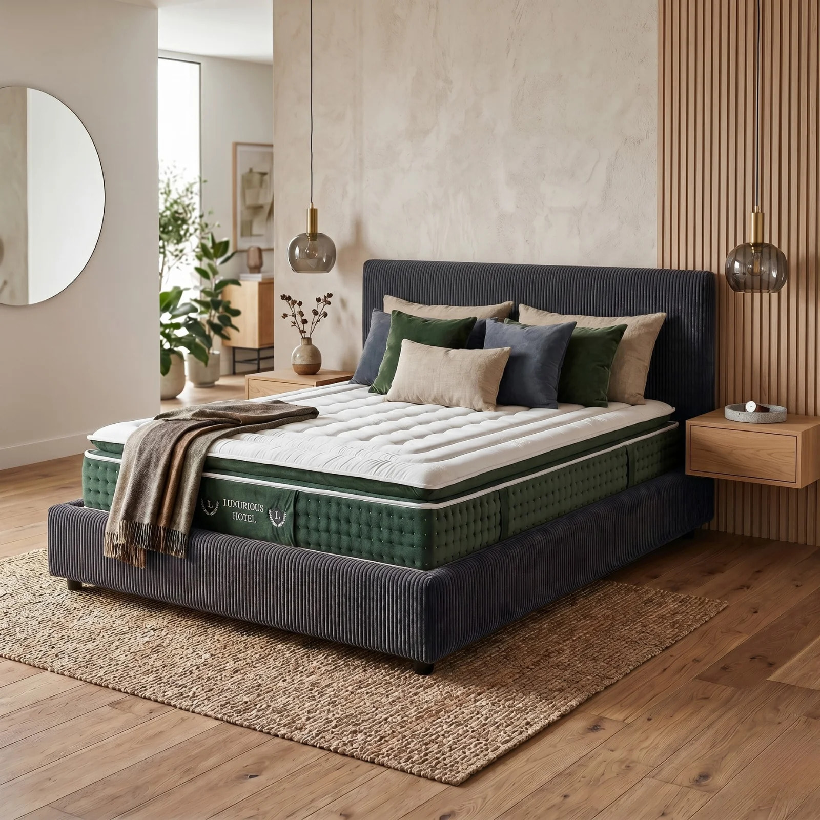 Ensemble matelas Jade & lit coffre Colisée | Mémoire de forme et ressorts ensachés | Grande capacité de stockage | Bouclette | Camel