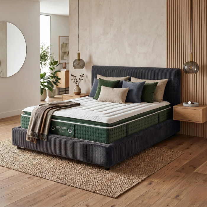 Ensemble matelas Jade & lit coffre Colisée | Mémoire de forme et ressorts ensachés | Grande capacité de stockage | Bouclette | Camel