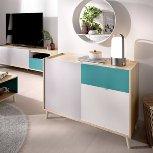 Credenza Mitchell, Buffet da soggiorno, Madia moderna da salotto a 2 ante, 105x43h75 cm, Bianco e Rovere