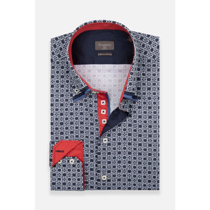 Camicia Uomo 2 Bottoni Button Down Triplo Collo Slim Popeline Stretch Stampato Blu\Bianco