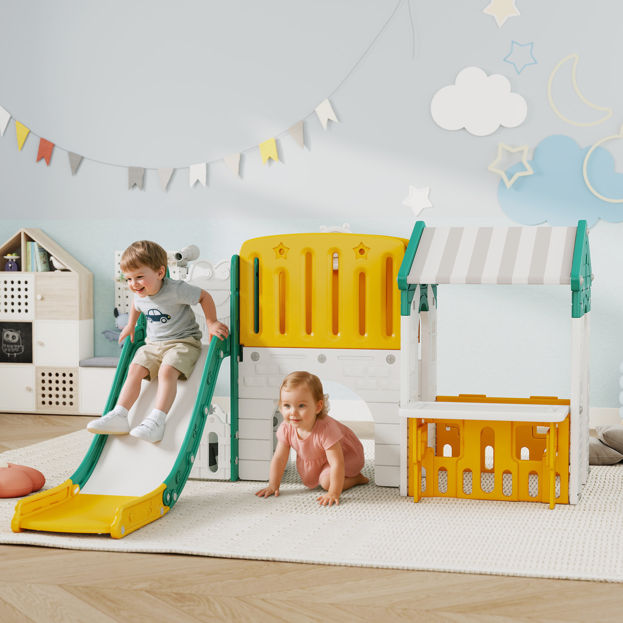 Tobogán Infantil 7 en 1 con Caseta para Niños, Tobogán con Escalera, Aro de Baloncesto, Túnel, Pizarra, Telescopio, para Interior, Amarillo y Verde