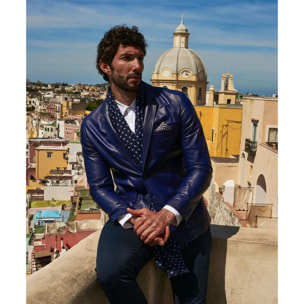 Blazer in pelle naturale bluette con taschino e fazzoletto