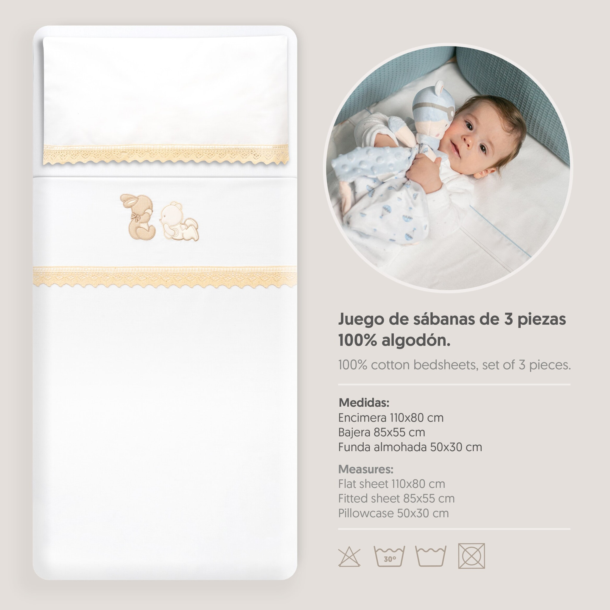 Triptico Minicuna Guipur Oso Tumbado Conejito Bco/Beig